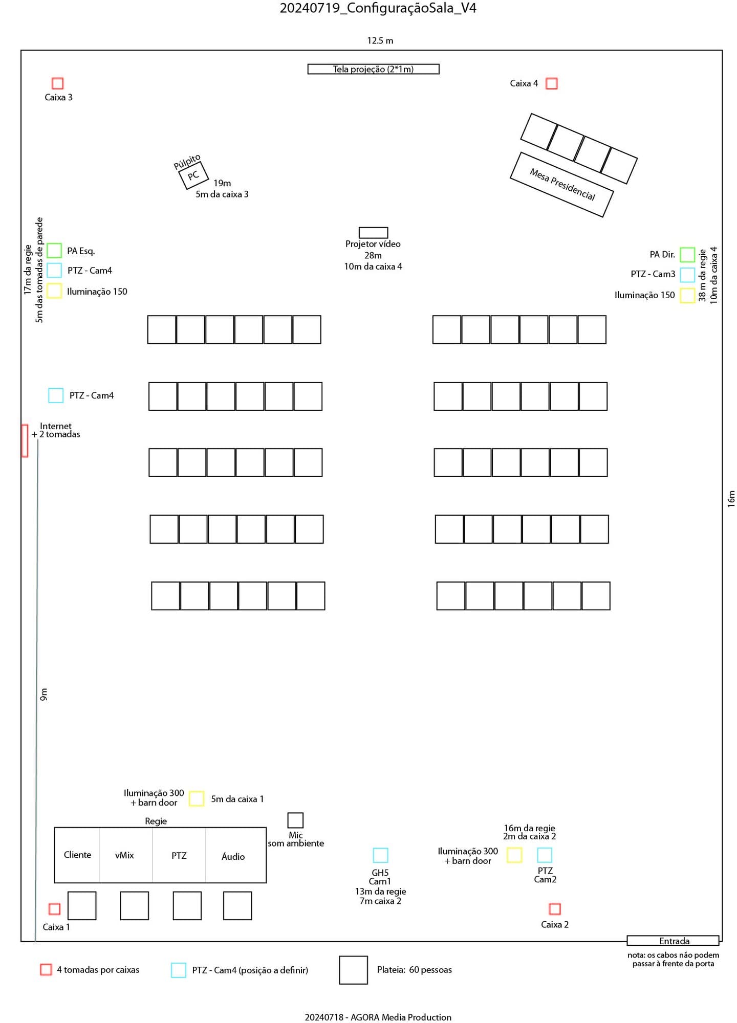The floor plan of the new room, with the projection screen, the lectern and the top table at the top, sixty chairs in the middle and the control room in the bottom left corner
