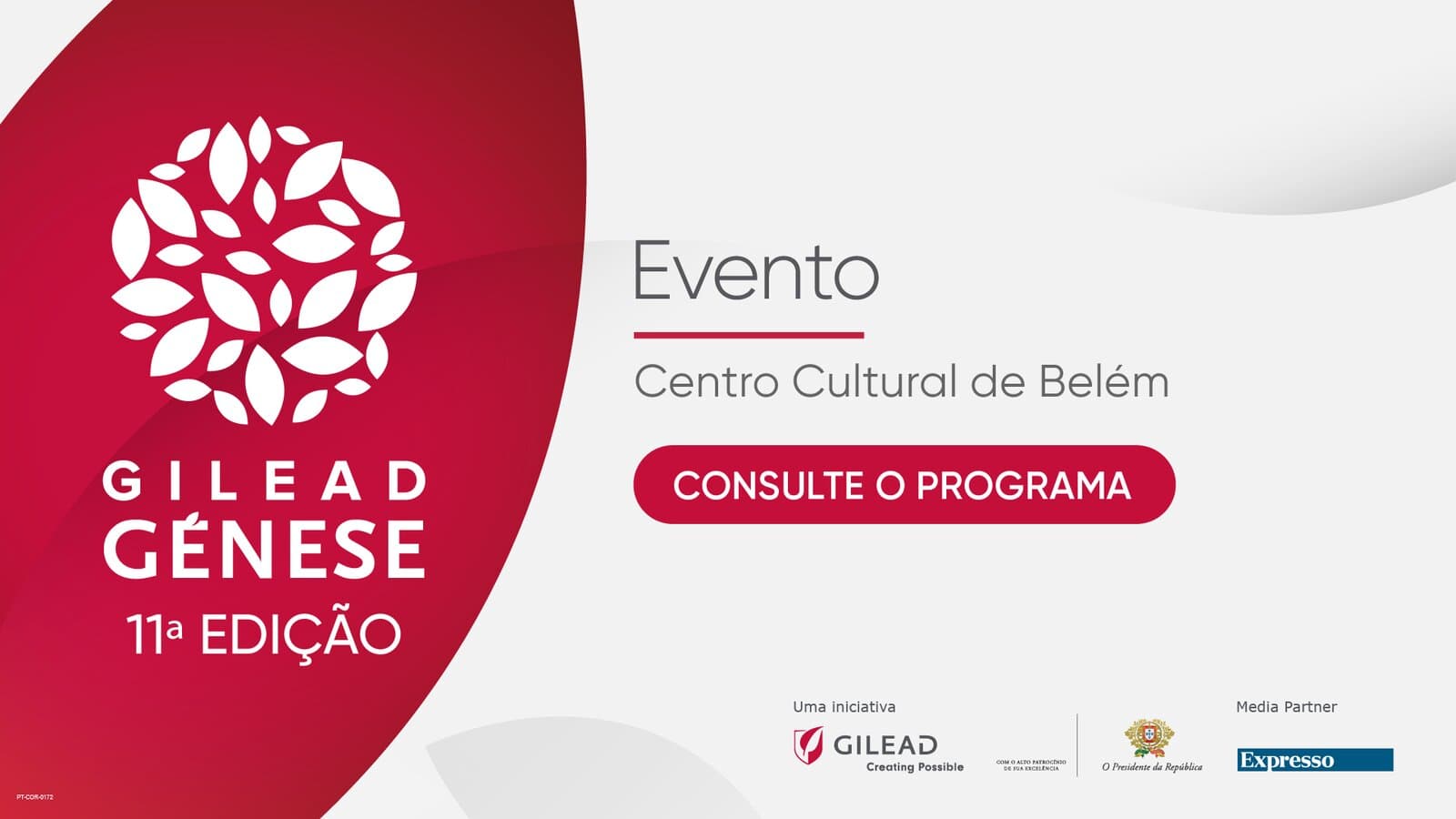 O cartaz da 11.ª edição do Programa Gilead Génese, com o logótipo à esquerda sobre fundo vermelho e o botão "Consulte o programa" à direita