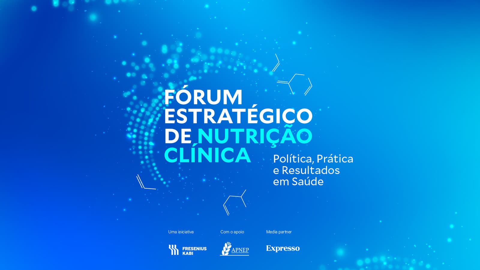 O cartaz do Fórum Estratégico de Nutrição Clínica, com o título branco e azul-claro sobre um fundo azul com partículas de luz