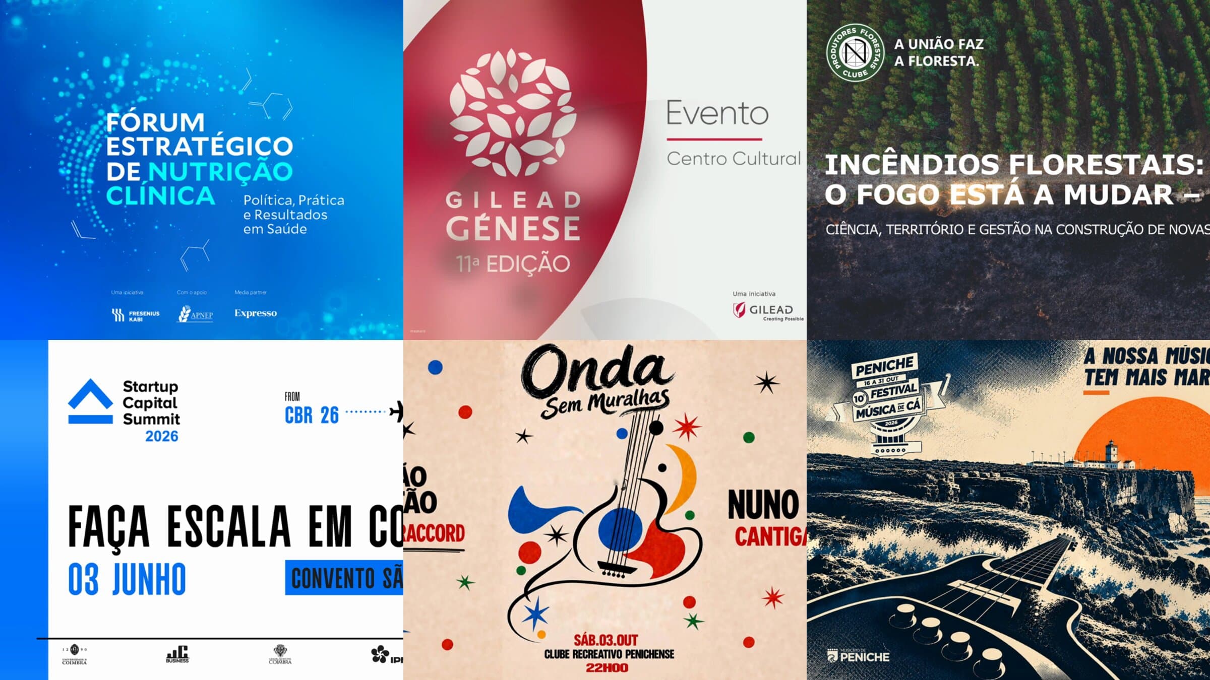 Mosaic of six animated posters - the Strategic Forum on Clinical Nutrition, Gilead Génese, Navigator's Forest Fires event, Startup Capital Summit, Onda Sem Muralhas and the Música de Cá festival