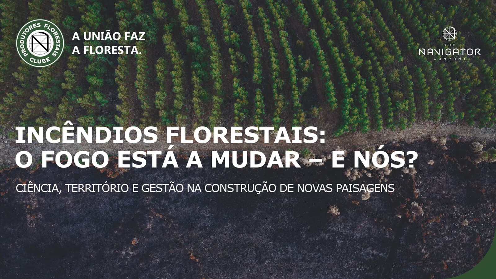 O cartaz da Navigator, uma fotografia aérea de floresta sobre terra ardida, com o título Incêndios Florestais a branco