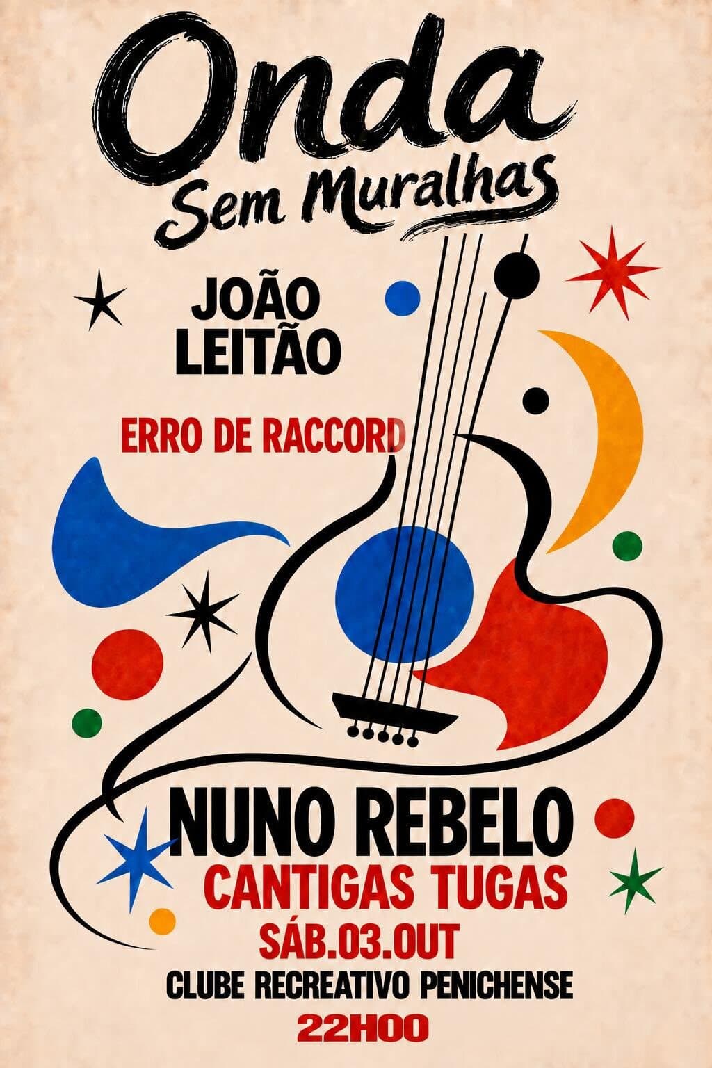 O cartaz vertical do Onda Sem Muralhas, ao estilo de Miró, com uma guitarra a traço, estrelas e formas de cor