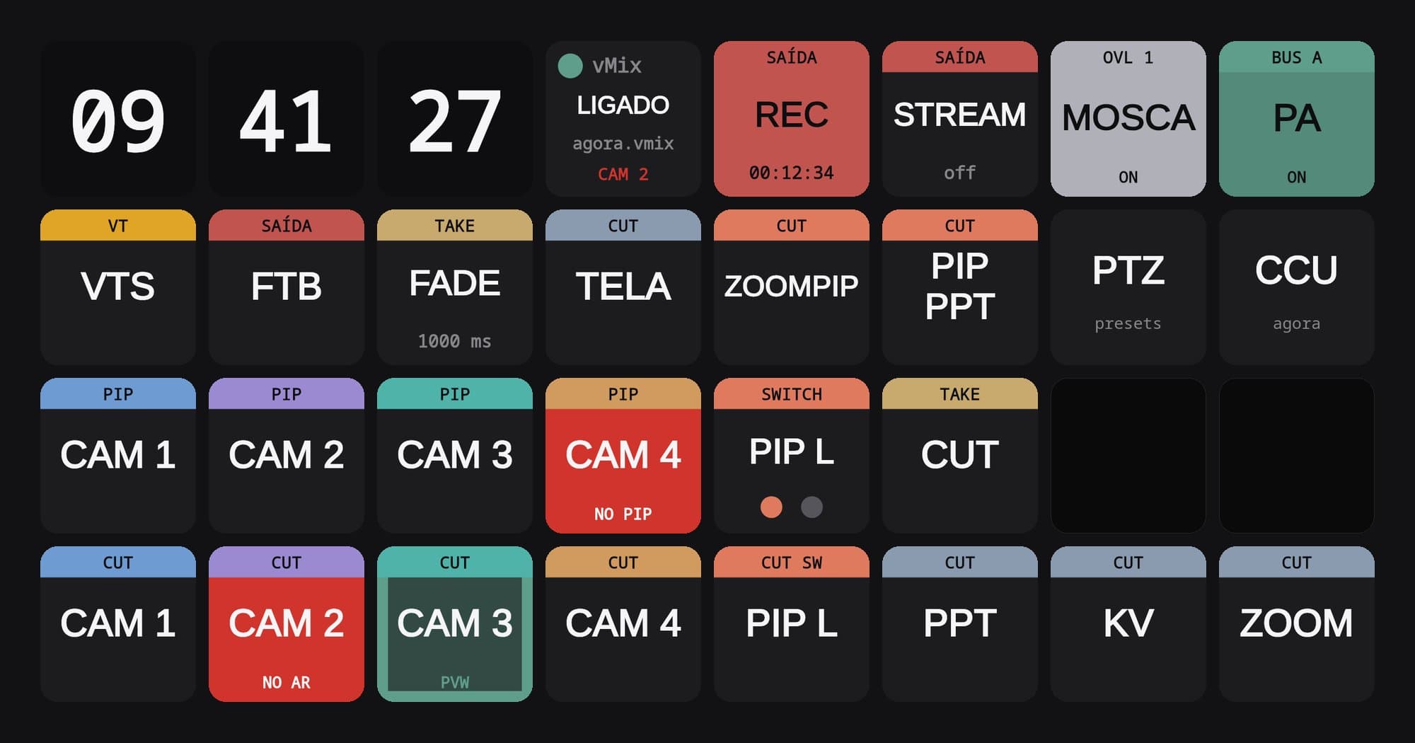 O mixer das páginas novas do Companion, com o relógio, o estado do vMix, a gravação a correr, a câmara 2 a vermelho no ar e a câmara 3 em preview